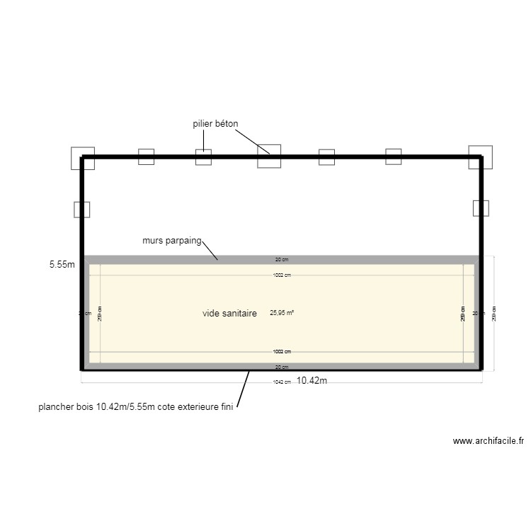 réseaux entre vide sanitaire et terrain. Plan de 1 pièce et 26 m2