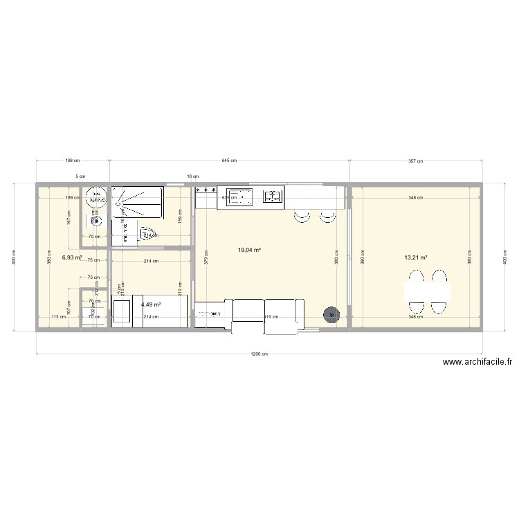 Coque + habitation. Plan de 4 pièces et 44 m2