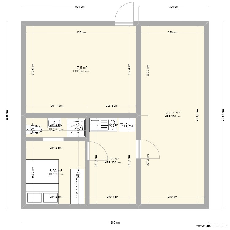 f1 et cuisine maison en dur. Plan de 5 pièces et 54 m2