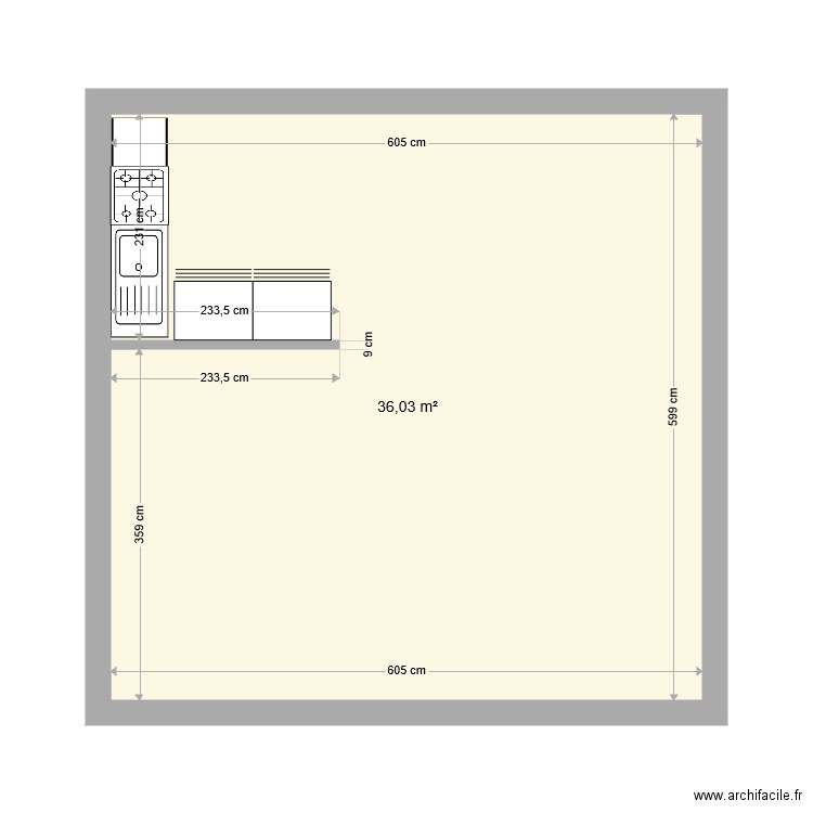 Taillade cuisine. Plan de 1 pièce et 36 m2