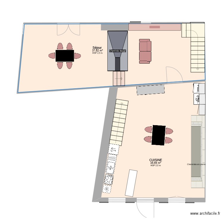 RDC Bergerie sans métré et en couleur. Plan de 2 pièces et 73 m2
