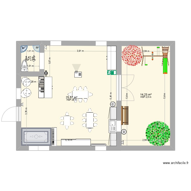 Service de garde. Plan de 3 pièces et 42 m2