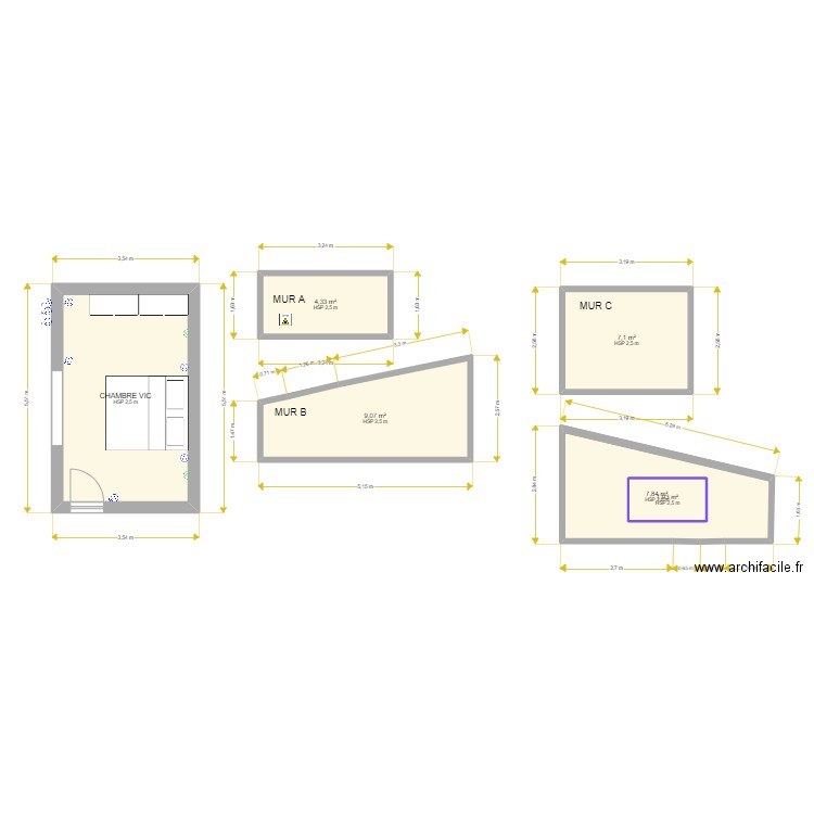 CHAMBRE VIC. Plan de 6 pièces et 47 m2