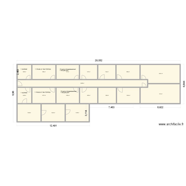porcherie brazza. Plan de 18 pièces et 210 m2