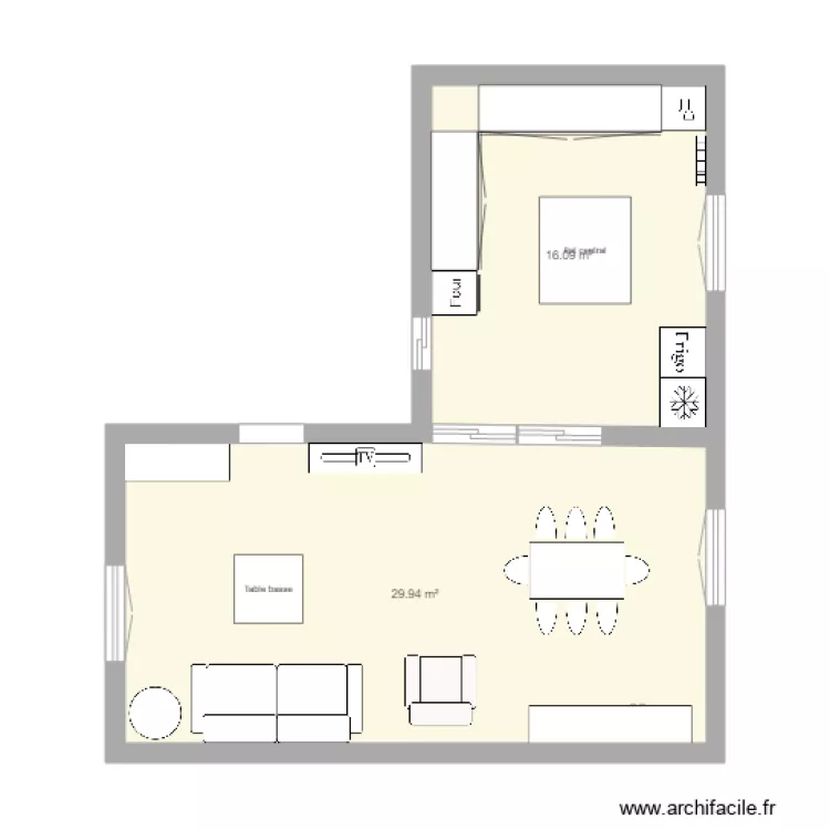 Cuisine ouverte salon. Plan de 