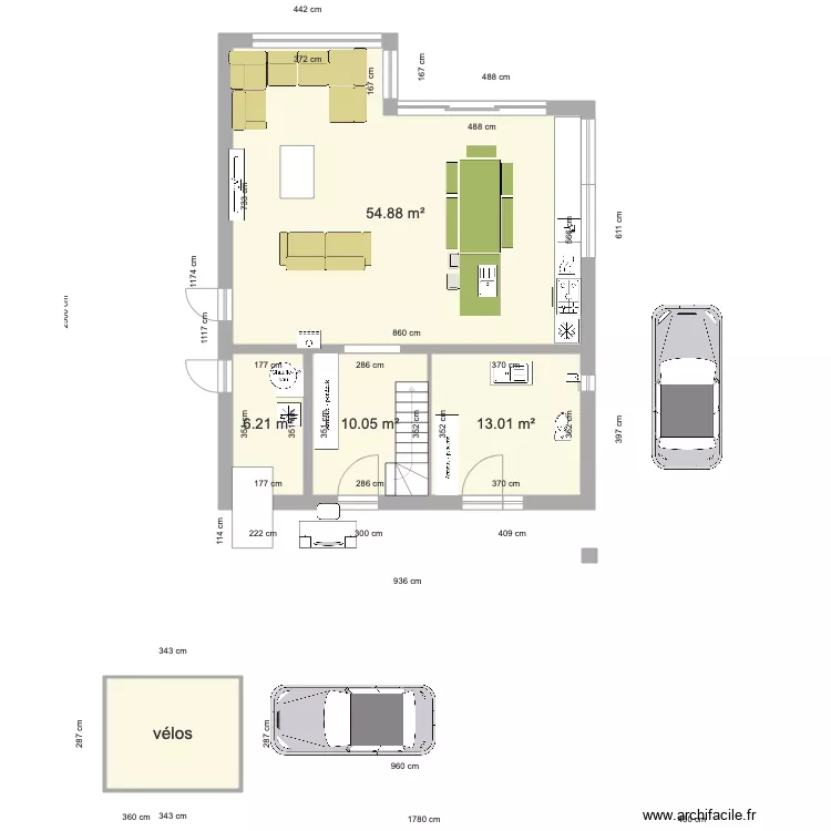MAISON EN LONG grand salon. Plan de 