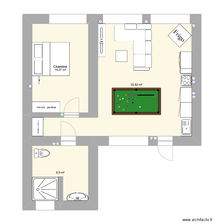 Appartement Likasi. Plan de 3 pièces et 56 m2