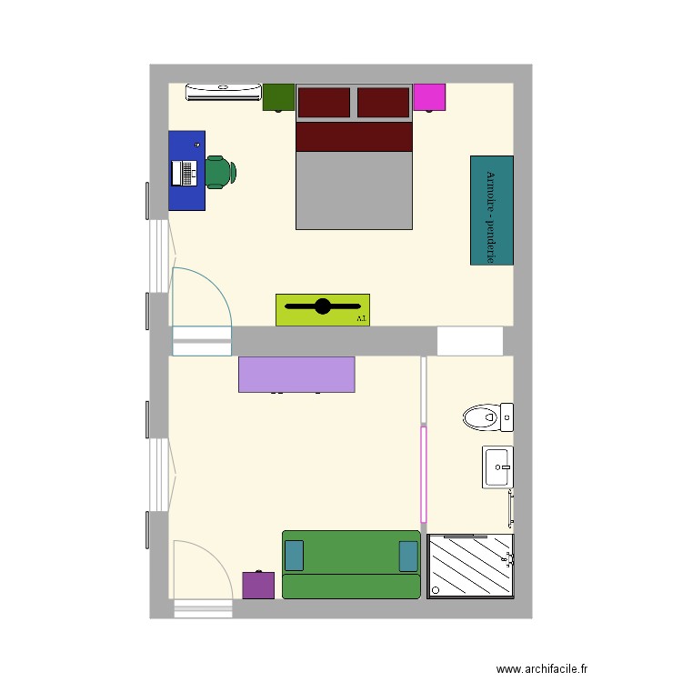 Chambre trois. Plan de 3 pièces et 31 m2