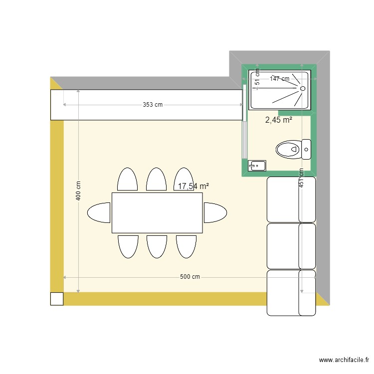 Cuisine été v3. Plan de 2 pièces et 23 m2