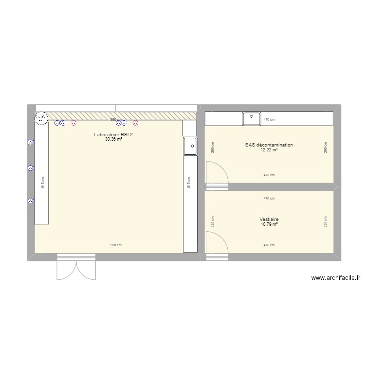 Laboratoire actuel. Plan de 3 pièces et 53 m2