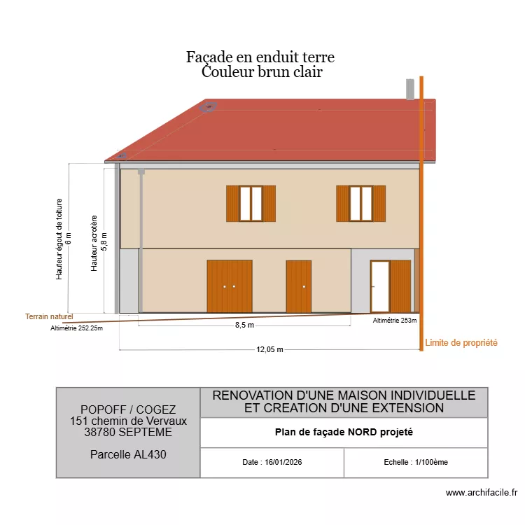 FACADE NORD Projet&eacute;. Plan de 1  et 24 m²