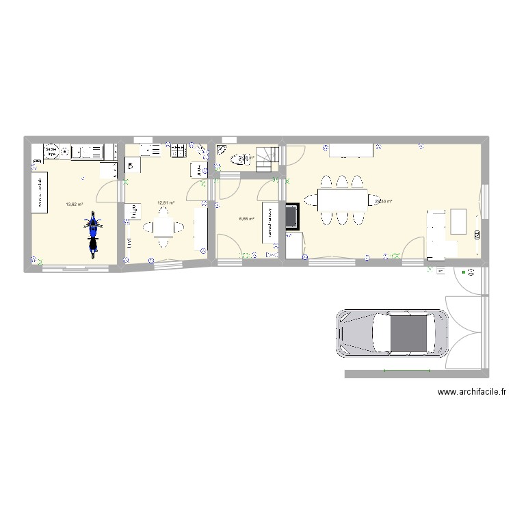 Maison RDC . Plan de 5 pièces et 65 m2
