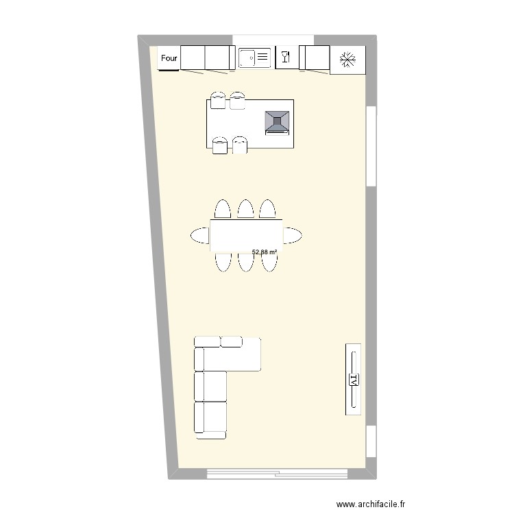 cuisine. Plan de 1 pièce et 53 m2