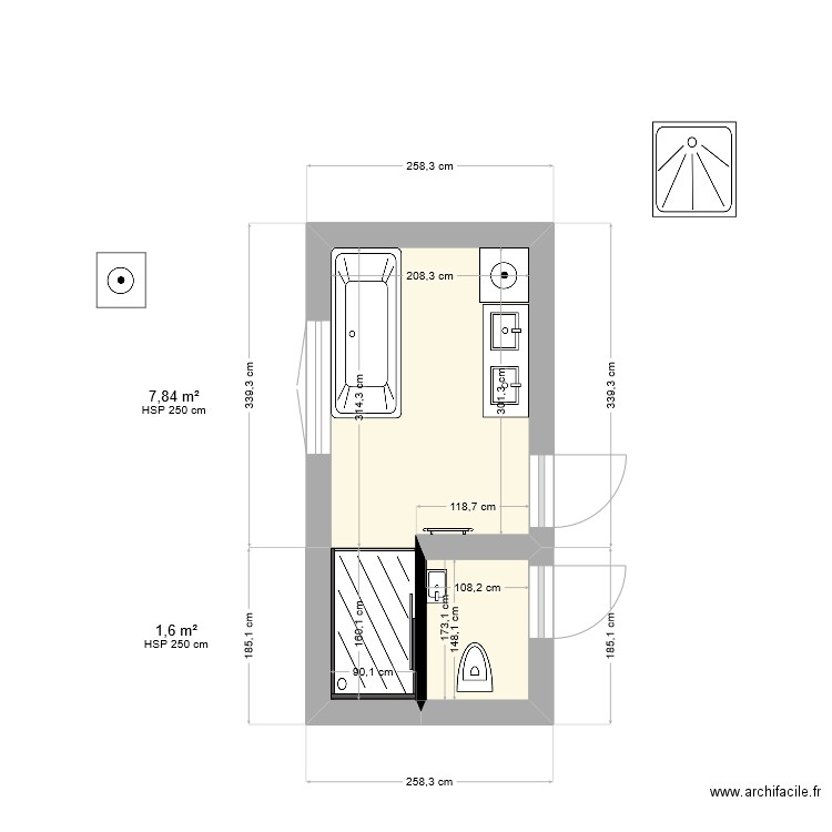 sdb2. Plan de 2 pièces et 9 m2