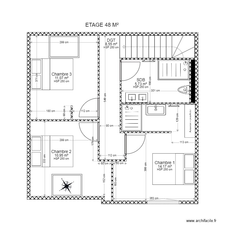 billere etage . Plan de 6 pièces et 51 m2