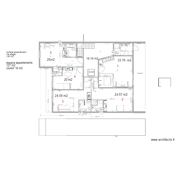 1er etage montreuil division en 5 appartements. Plan de 0 pièce et 0 m2