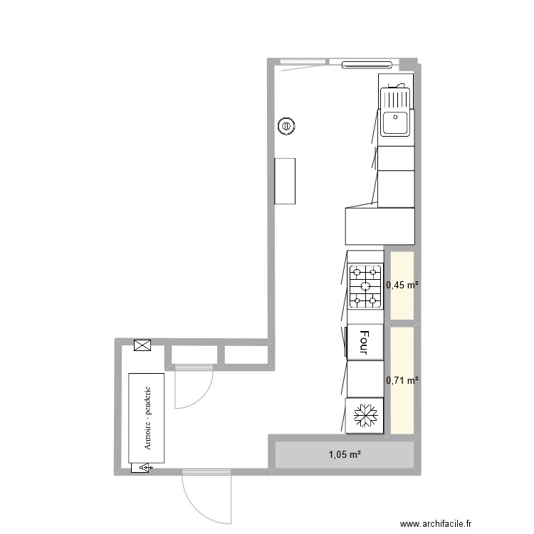 Cuisine et office aménagés v2 avec mesures corrigées. Plan de 3 pièces et 2 m2