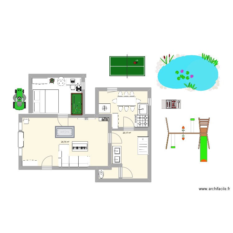 mon cham. Plan de 2 pièces et 45 m2
