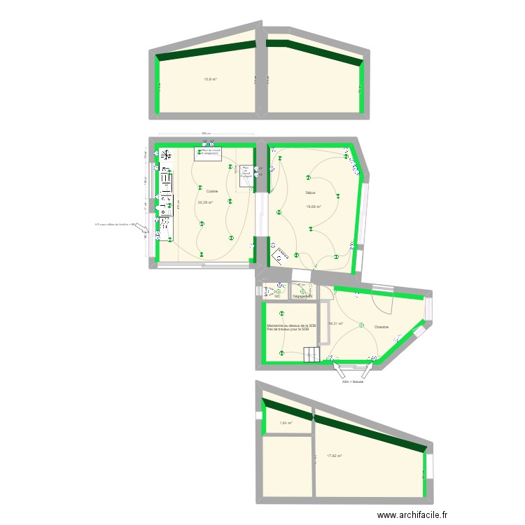 Barcelone T2 Après - Cuisine. Plan de 7 pièces et 106 m2