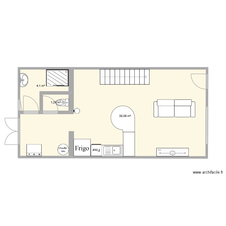 rez-de-chaussée maison retournac. Plan de 3 pièces et 43 m2