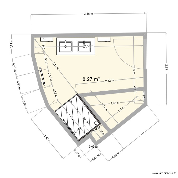 SDB3. Plan de 1 pièce et 8 m2