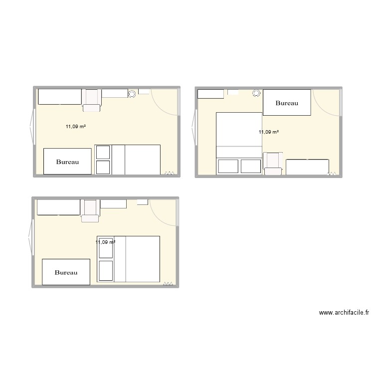 chambre lit simple. Plan de 4 pièces et 44 m2
