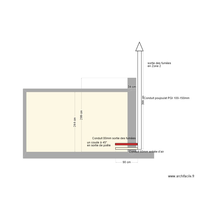 Projection sortie des fumées. Plan de 1 pièce et 10 m2