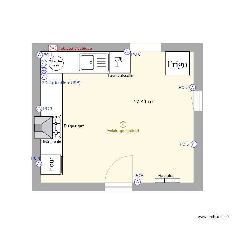 Pièce - Cuisine. Plan de 1 pièce et 17 m2
