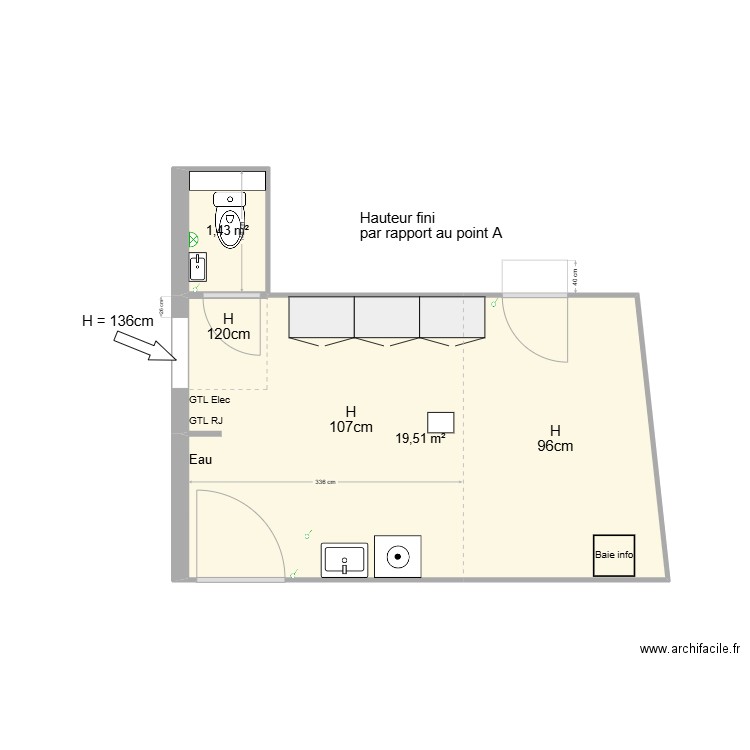 buanderie v1. Plan de 2 pièces et 21 m2