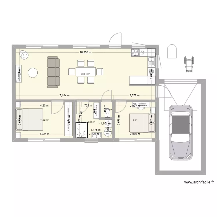 64m2. Plan de 5  et 65 m²