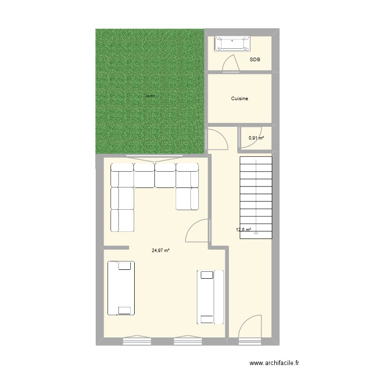 RDC. Plan de 5 pièces et 45 m2