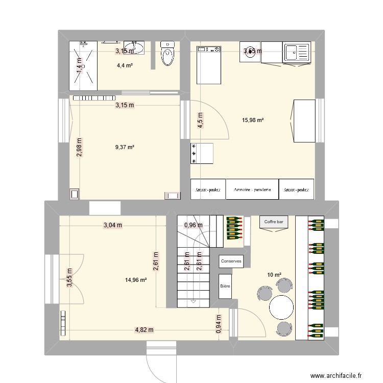 SAINT SAENS RDJ BUREAU. Plan de 5 pièces et 55 m2