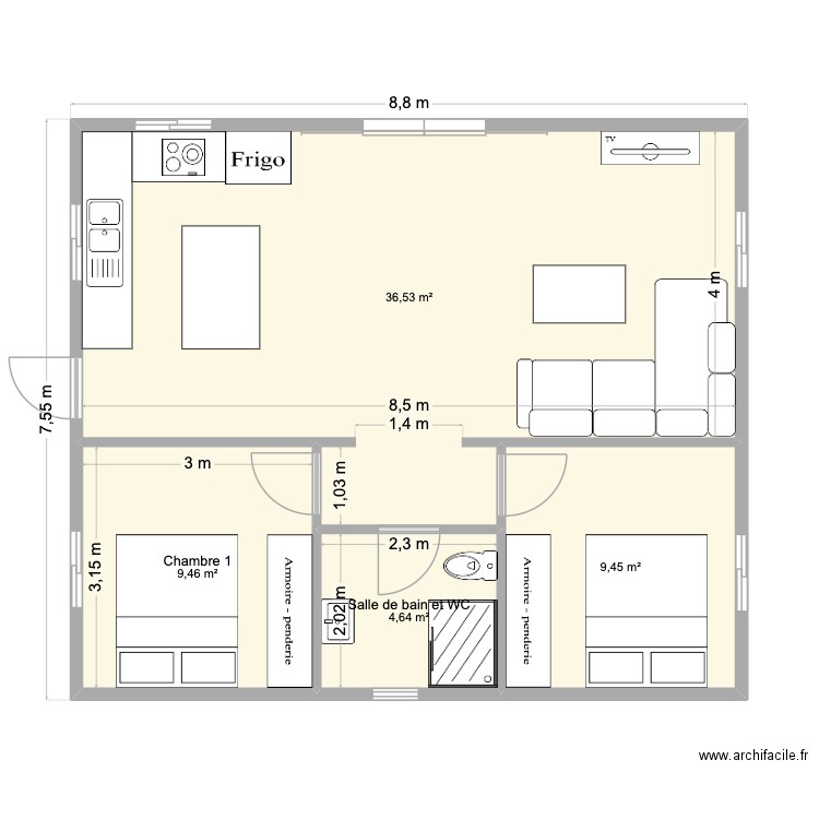 Maison F3 Simple. Plan de 4 pièces et 60 m2