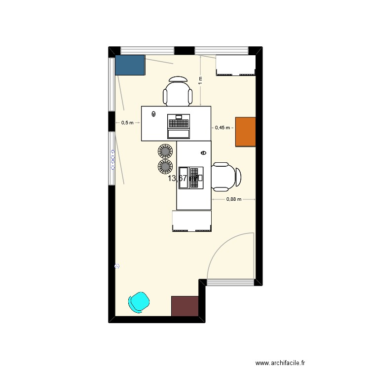 bureau C & K. Plan de 1 pièce et 14 m2
