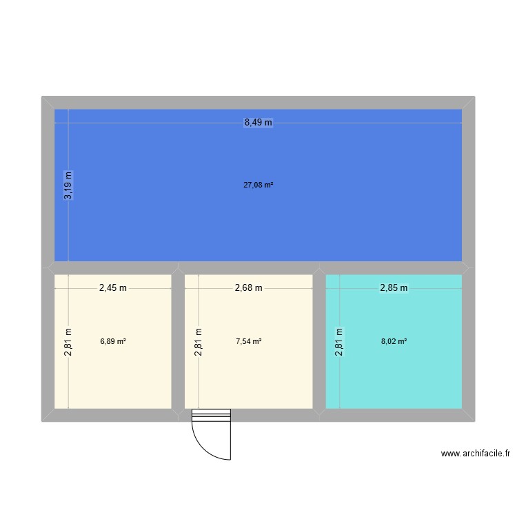 rdc. Plan de 4 pièces et 50 m2