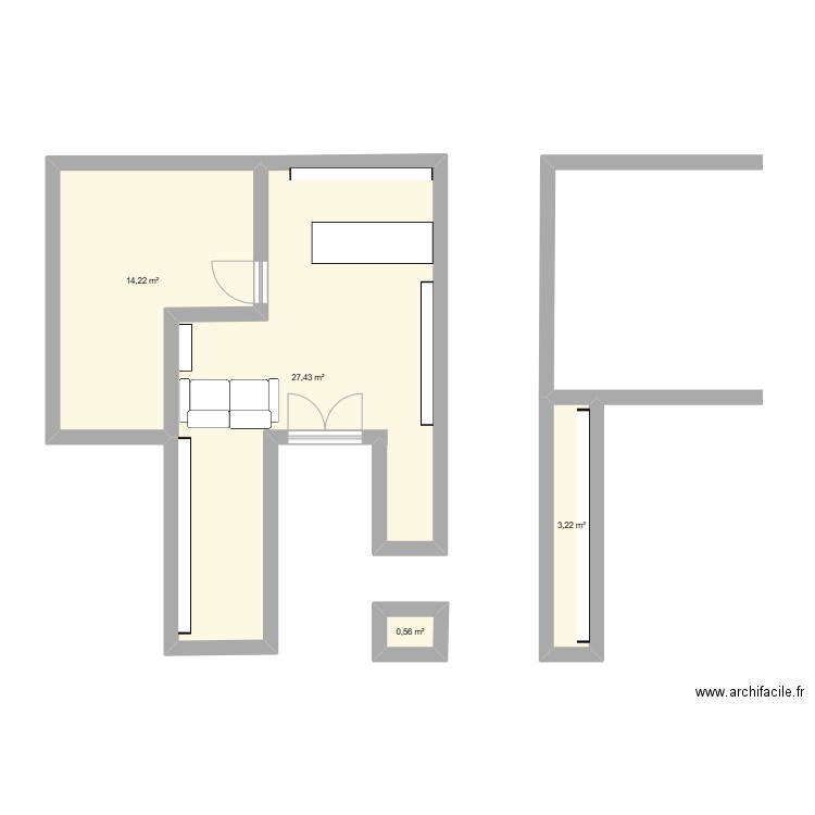 magasin. Plan de 4 pièces et 45 m2