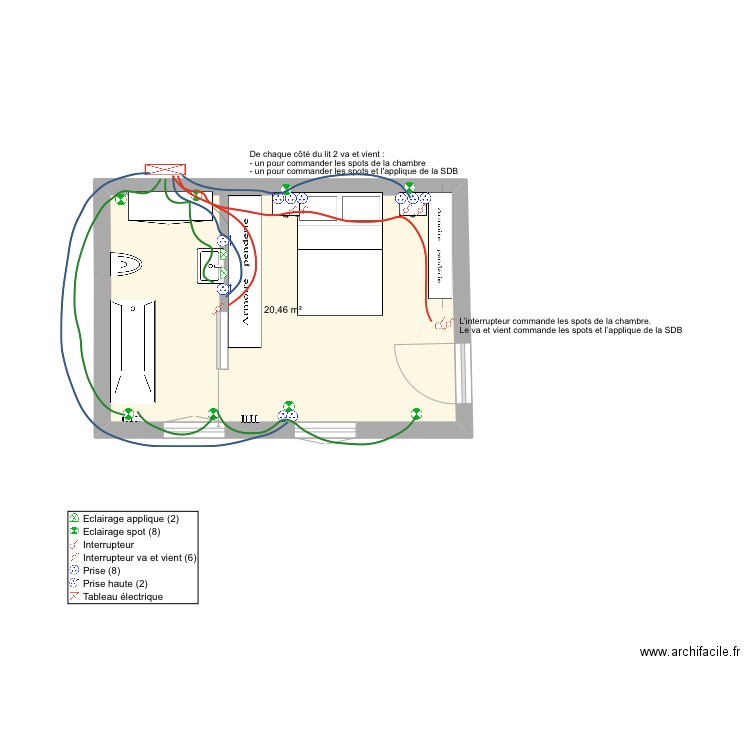 Chambre et SDB. Plan de 1 pièce et 20 m2