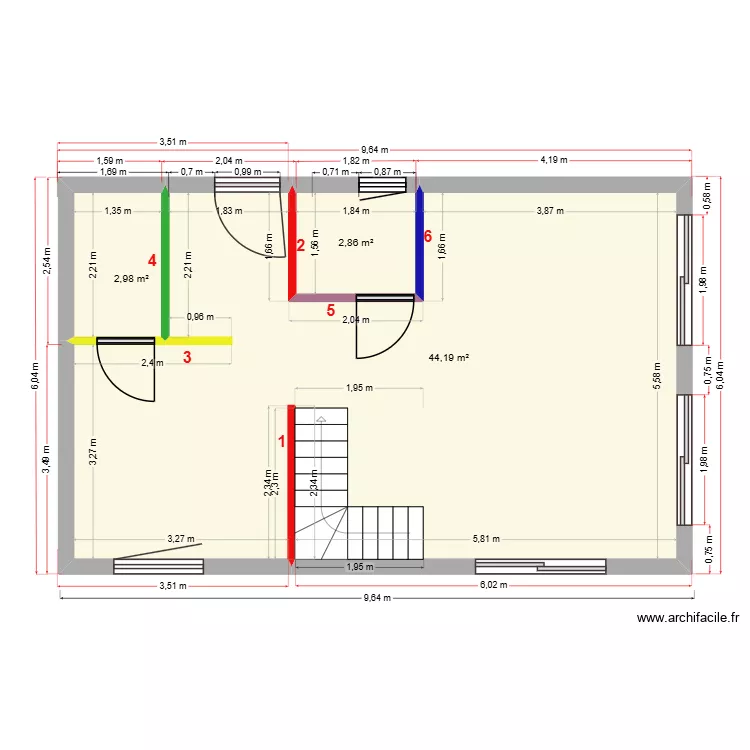 Murs int&eacute;rieurs RDC. Plan de 3  et 50 m²