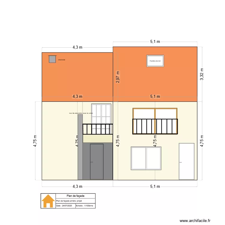 Plan de fa&ccedil;ade arri&egrave;re : actuel 2025. Plan de 