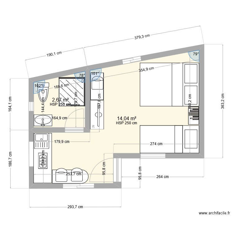 studio 23m2 option 2. Plan de 0 pièce et 0 m2