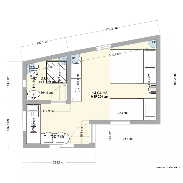 studio 23m2 option 2. Plan de 