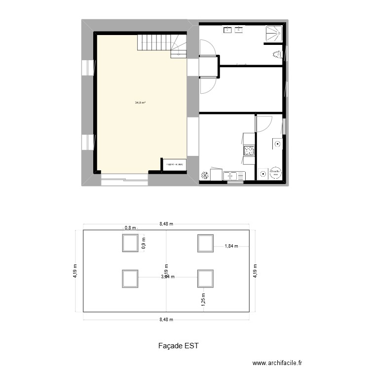 façade EST  log 2. Plan de 4 pièces et 88 m2