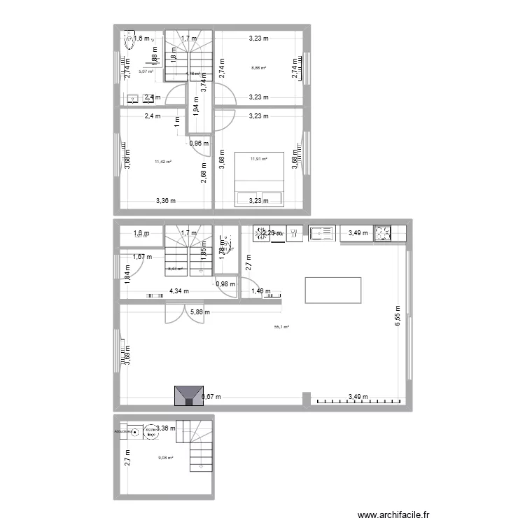 BLONDEAU-RDC. Plan de 10  et 118 m²