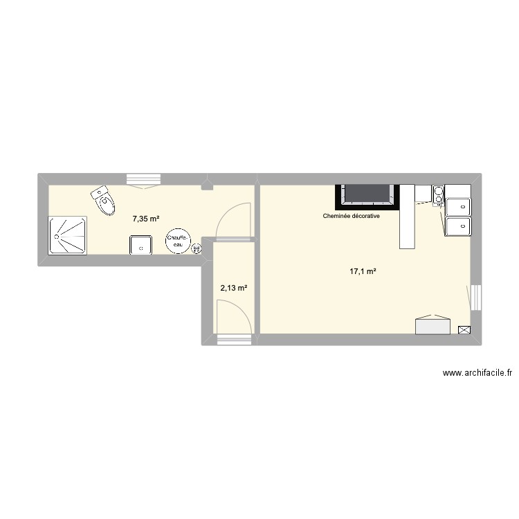 Croquis studio MONTELIMAR. Plan de 3 pièces et 27 m2