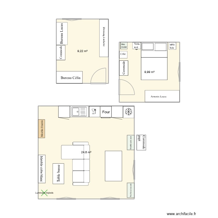 Pièce de vie. Plan de 3 pièces et 44 m2