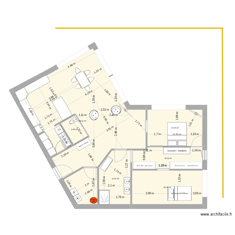 bungalow à 120 degré. Plan de 6 pièces et 124 m2