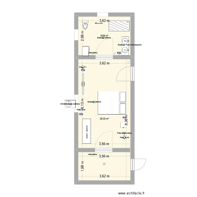 Extension chambre. Plan de 2 pièces et 39 m2