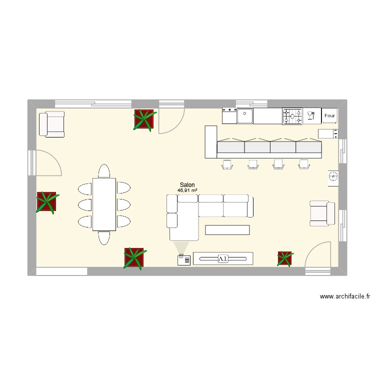 espace de vie. Plan de 1 pièce et 47 m2