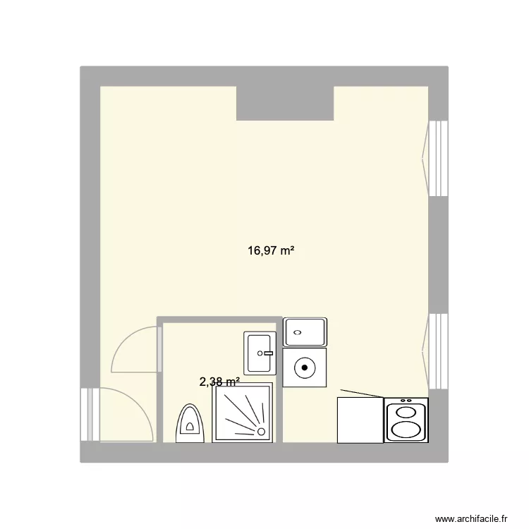 Studio droite. Plan de 2  et 19 m²