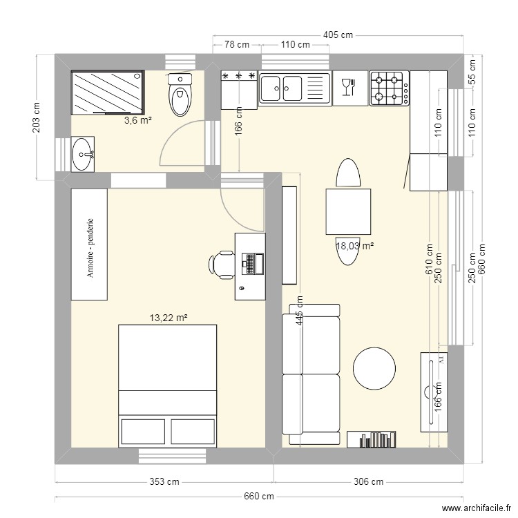 MODULE 35  I Version 2 portes 250. Plan de 3 pièces et 35 m2